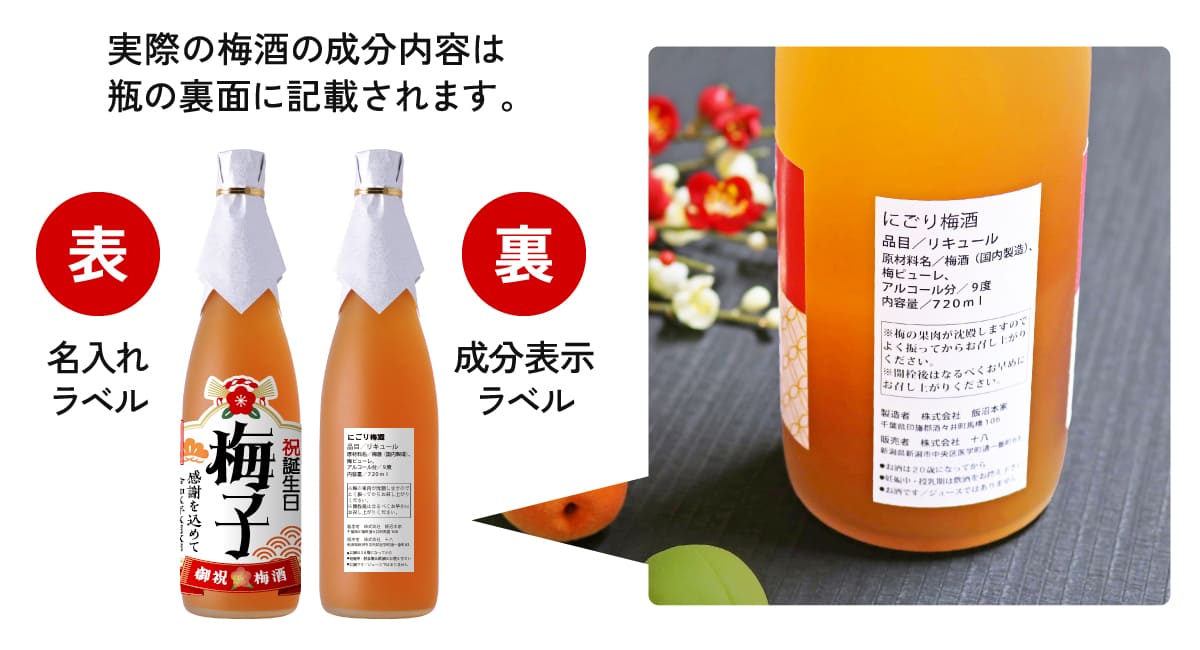 実際の梅酒の成分表は瓶の裏面に記載されます。